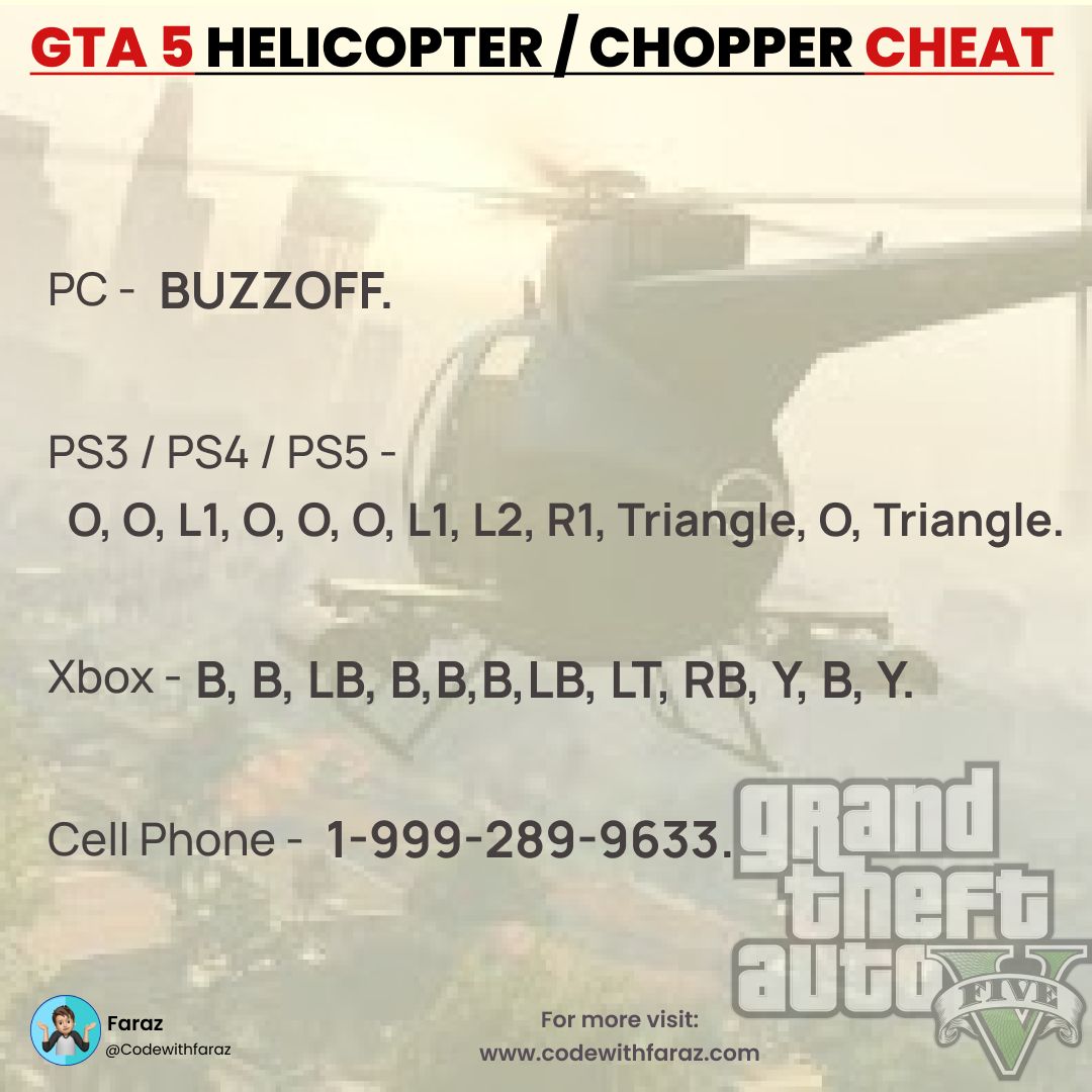GTA 5 Cheat Code For Buzzard Attack Helicopter Chopper Helicopter Chopper Cheat Gta 5 